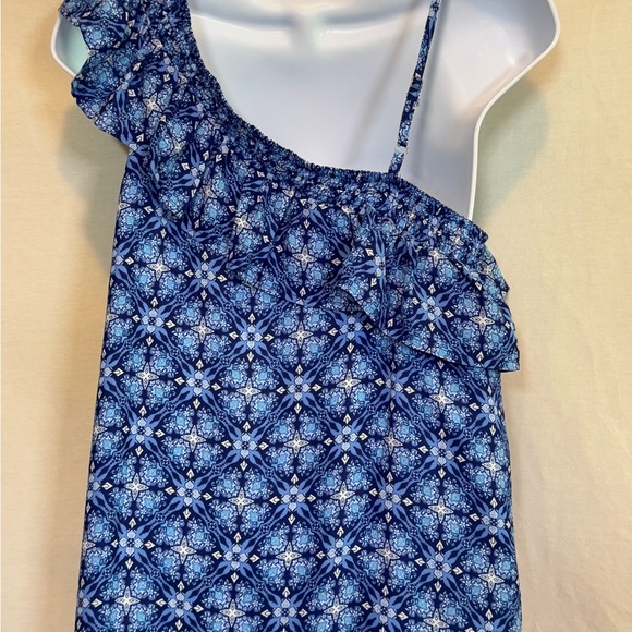 H-73 Skies Are Blue White & Blue Asymmetric Ruffled Lined MIDI Dress Size 8‎ - Picture 11 of 14